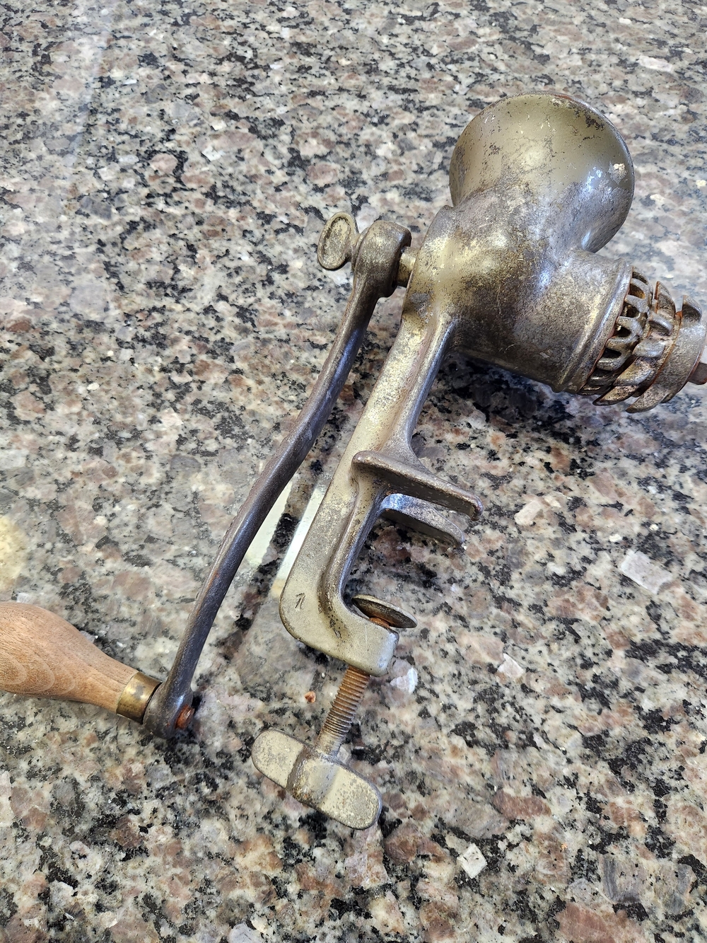 Universal Vintage Gold-Tone Hand-Crank Meat Grinder with Wooden Handle